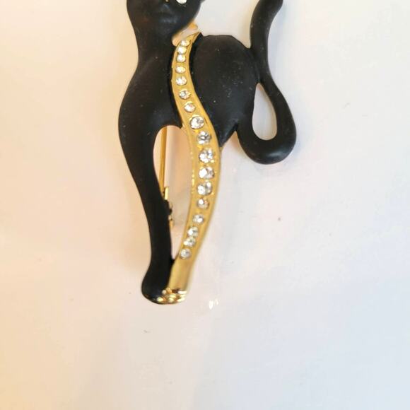 Vintage Cat Brooch Black Enamel Gold Tone Rhinestone Eyes Catcore Black Cat - Picture 5 of 12